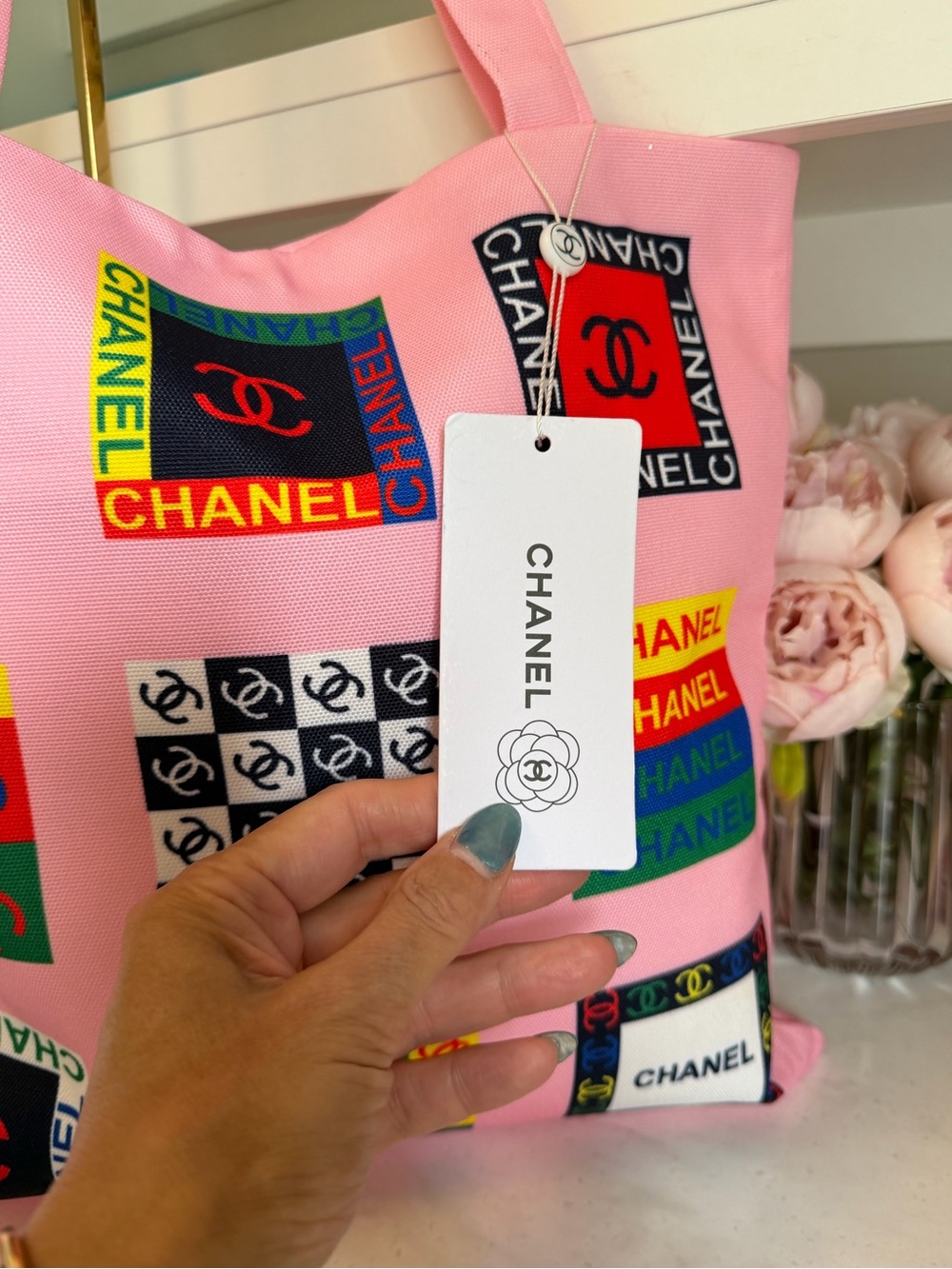CHANEL GWP Pink Canvas Tote with Multicolor Logo Panels - Picture 4 of 7